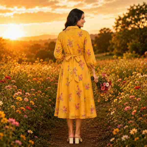 Women's Mustard Georgette Floral Printed  Dress Back